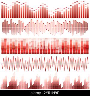 Vector set of red sound waves. Audio equalizer. Sound & audio waves isolated on white background. Stock Vector