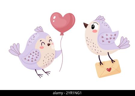 A set of cute birds, love and valentines day. On a white isolated background. Stock Vector