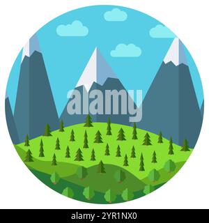 Vector cartoon mountain landscape in circle. Natural landscape in the flat style with blue sky, clouds, trees, hills and mountains with snow Stock Vector