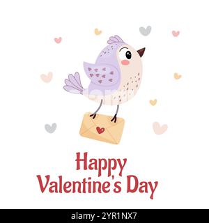 Happy Valentines Day, cute bird card with letter, simple flat style. Stock Vector