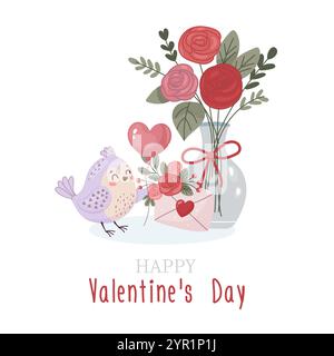 Happy Valentines Day, cute card vase with flowers roses and bird, simple flat style. Stock Vector