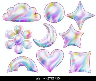 3d style vector of glossy metalic  hologram inflated balloon elements for celebration, party, greeting and decoration on white background Stock Vector