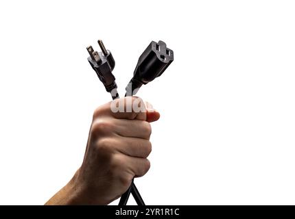 Hand holding the connectors of a US power cord isolated on white Stock Photo