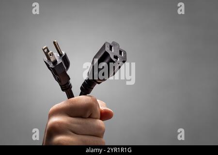 Hand holding the connectors of a US power cord Stock Photo