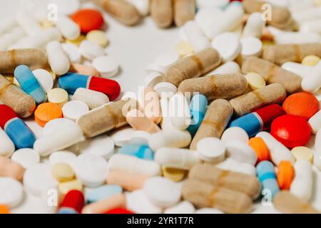 Pile of colored prescription pills, tablets, and capsules Stock Photo