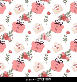 Seamless pattern, love, valentines day, hearts, flowers and letters. Stock Vector