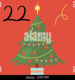 Christmas advent calendar with Christmas tree and garlands decorations. 22nd of december day. Vector flat illustration Stock Vector