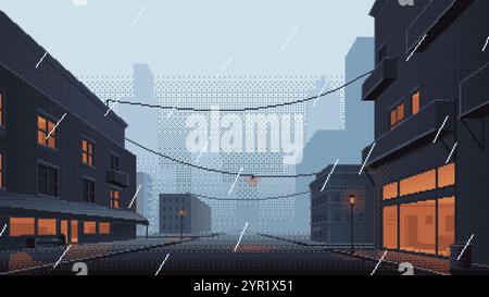 Pixel art City street with buildings and empty road in rainy weather. Vector cartoon cityscape with glowing windows of shop or cafe in evening with ra Stock Vector