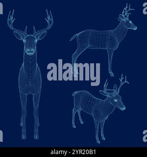 Set of deer frames made of black lines isolated on dark background. Side, front and isometric views. 3D. Stock Vector