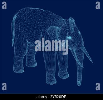 Elephant isolated from low poly wireframe on blue background. African and indian animal. Vector abstract polygonal image mash line. Digital graphics. Stock Vector
