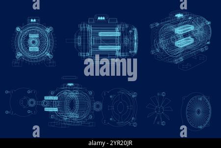 Electric generator motor wireframe. Vector illustration 3d isometric. Creative illustration design, idea for infographics. Stock Vector