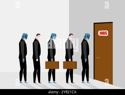 Robots are job seekers. Robots are at the labor exchange. Robot is looking for a job Stock Vector