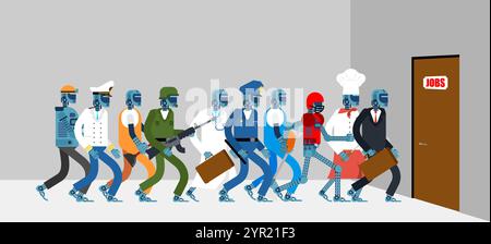 Robots are job seekers. Robots are at the labor exchange. Robot is looking for a job Stock Vector