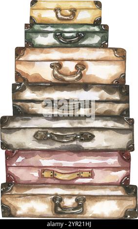 Watercolor hand drawn vintage suitcases illustration, travel luggage clipart Stock Photo