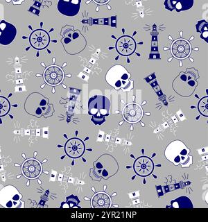 Tattoo pattern: lighthouse and skull, steering wheel - a symbol for sailors Stock Vector
