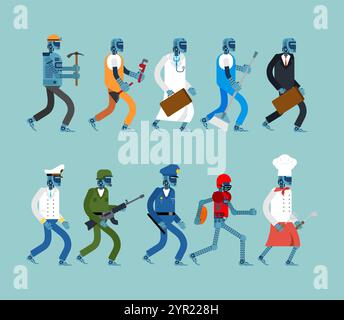 Robots of different professions set. Concept and will replace working specialties of people. Machines professionals Stock Vector