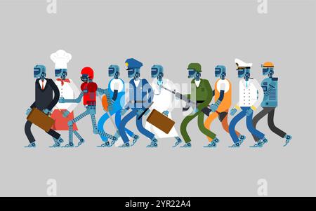 Robots of different professions set. Concept and will replace working specialties of people. Machines professionals Stock Vector