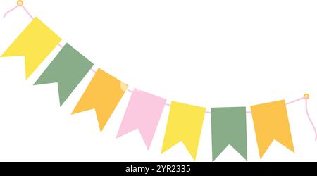 Festive Pennant garland on rope in trendy Easter shades. Greeting cards or leaflets design concept. Isolated Vector illustration Thematic cards, posting, blog or web promo, banners, price tag, labels Stock Vector