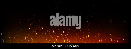 Fire sparks floating upward on dark background. Glowing orange embers with bright red streaks. Hot backdrop with burning particles and smoke elements Stock Vector