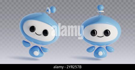 Cute robot character with smile face. 3d realistic vector set of cartoon funny ai chatbot mascot in different poses. Artificial intelligence electroni Stock Vector