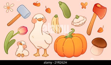 Autumn farm harvest and ducks set isolated on orange background. Contemporary vector cartoon illustration of cute domestic birds, pumpkin, mushroom, y Stock Vector