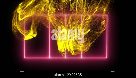 Yellow particles forming abstract shapes image over neon pink grid Stock Photo