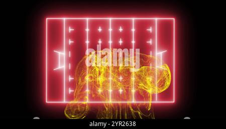 Image of glowing hand interacting with digital interface over red background with grid lines Stock Photo