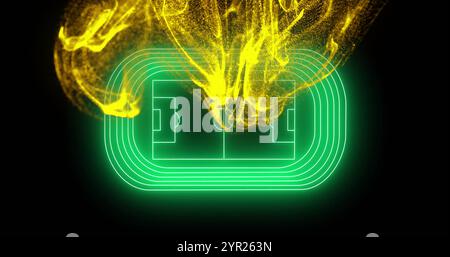 Yellow particles and green neon lines forming stadium image over black background Stock Photo