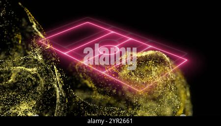 Golden particles forming abstract shape with neon grid image over black background Stock Photo