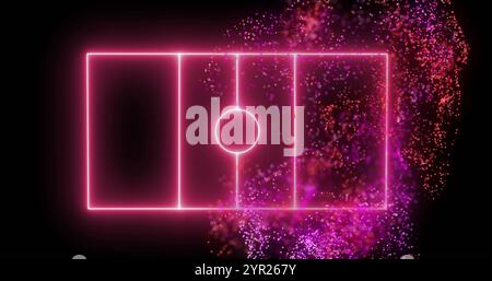 Neon pink soccer field lines with colorful particles image over black background Stock Photo