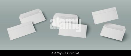 Empty white open and closed envelopes in different angles. Three pairs of blank paper letter package templates of dl standard size for branding presen Stock Vector