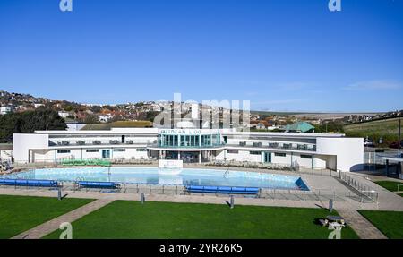 The recently refurbished Saltdean Lido near Brighton  , Sussex UK The Lido is a famous art deco building designed by R.W.H. Jones. Stock Photo