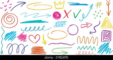 Color crayon doodle style set. Kid set of elements, include line, wave, arrow, spiral, heart, squiggle, hatching. Multicolored chalk, grunge abstract Stock Vector