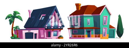 Front house exterior. Modern suburban home for village. Residential villa with door, garage and window design. Miami cottage with palm tree and balcon Stock Vector