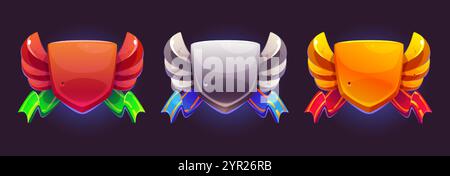 Game award shields with winged heraldic design, colorful ribbons and empty space. Bronze, silver and golden blank templates for achievement badges, av Stock Vector