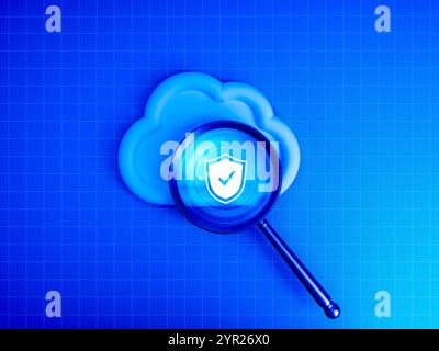 Cloud computing infrastructure technology, AI solution, security data system storage service concept. Safety shield icon on white cloud focused by mag Stock Photo