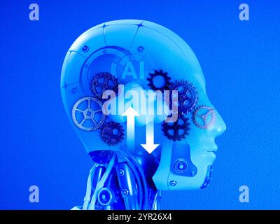 AI cloud computing infrastructure technology, digital data system storage service concept. Upload and download arrows on 3d cloud with gears and cogwh Stock Photo