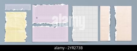 Torn notebook paper pieces with grid lines and square of pastel colors - yellow and purple, grey and peach. Realistic set of memo sheets fragments wit Stock Vector