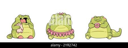 Cute crocodile characters set isolated on white background. Contemporary vector cartoon illustration of fat alligator mascots yawning and hugging toy, Stock Vector