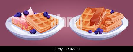 Belgian waffles served on ceramic plates. Golden crispy squares topped with fresh blueberries, caramel syrup drizzle and ice cream. Cartoon breakfast Stock Vector