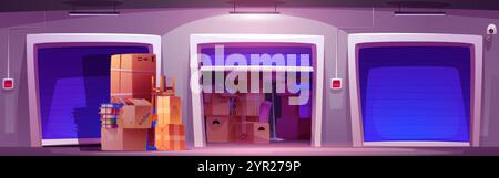 Home stuff in cardboard boxes near and inside of self storage container with blue gate. Cartoon vector storehouse space with pile of personal belongin Stock Vector