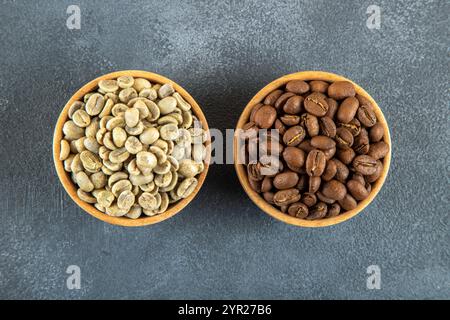 Green coffee with roasted coffee beans on gray background Stock Photo