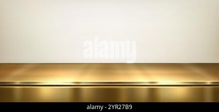 Shiny golden surface against beige wall background. Vector realistic illustration of yellow steel bar counter, product presentation podium, empty meta Stock Vector