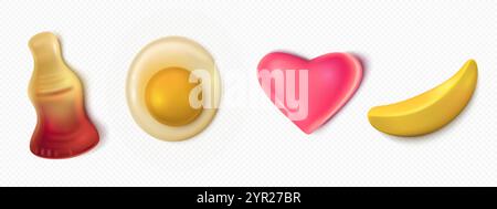 Jelly gummy candy in form of cola soda bottle, fried egg, pink heart and yellow banana. Realistic 3d vector illustration set of sweet soft gum confect Stock Vector