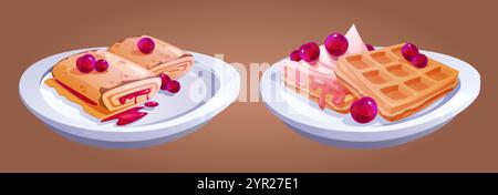 Crepe pancake food with waffle and cream on plate isolated. Belgian cake with syrup for tuesday breakfast. Cute french bakery with sweet cherry for se Stock Vector
