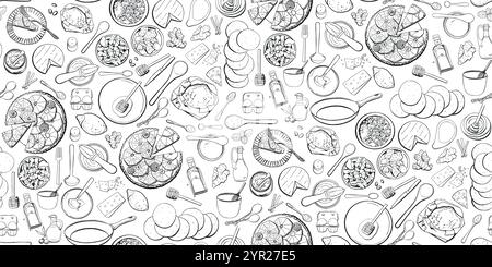 Tart and cupcake recipe product seamless pattern - eggs, honey, nuts, flour, baking soda and other baking ingredients. Hand-drawn illustration will be Stock Vector