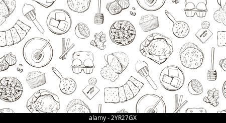 Cupcake recipe product seamless pattern - eggs, honey, nuts, flour, baking soda and other baking ingredients. Hand-drawn illustration will be suitable Stock Vector