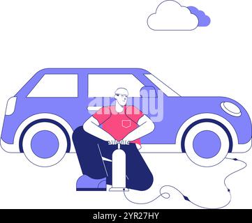 Male Mechanic Inflating Car Tire In Flat Vector Illustration Symbolizing Vehicle Maintenance, Tire Care, And Professional Service, Isolated On White Stock Vector