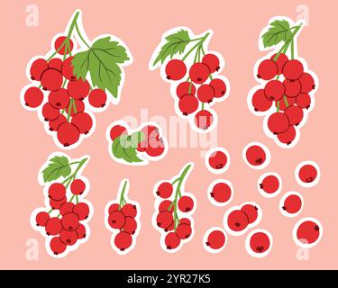Fresh currant berries, fruit branches sticker set in flat style. Fruit ingredients for drinks and desserts with a cut-out fields. Stock Vector