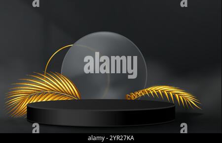 Round podium with golden palm branch and glass morphism decoration on black background. Vector realistic illustration of luxury jewelry or cosmetics p Stock Vector